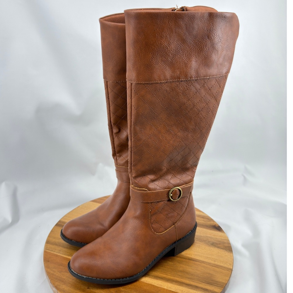 St. John's Bay Deer Riding Boots Womens 9 Brown Faux Leather Quilted Low Heel